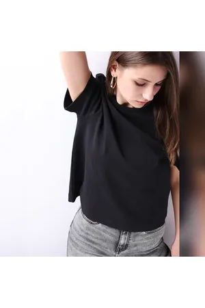 VERO MODA Women Black Cotton O-Neck T-shirt, Short Sleeves, Round Neck
