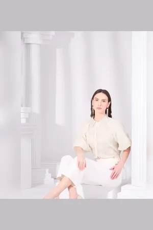 VERO MODA Women White Embroidered Puff Sleeves Shirt, Short Sleeves, V-Neck