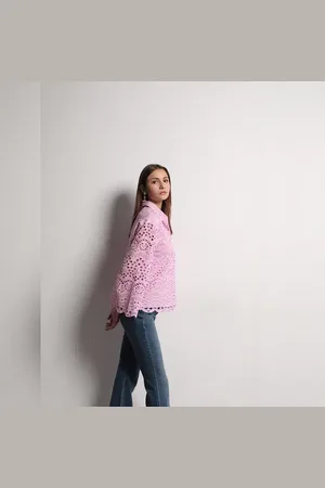 VERO MODA Women Lilac Cutwork Cotton Shirt, Long Sleeves, V-Neck