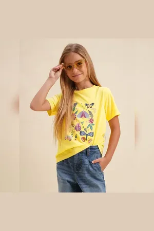 VERO MODA Girls Girls Yellow Butterfly Print Cotton T-shirt, Short Sleeves, ROUND NECK