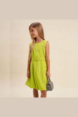 VERO MODA Girls Girls Green Cotton Belted Shift Dress, Sleeveless, ROUND NECK