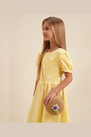 VERO MODA Girls Girls Yellow Check Smocked Dress, Short Sleeves, ROUND NECK