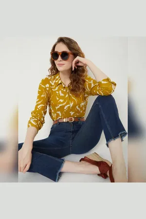 VERO MODA Women Mustard Abstract Print Shirt, Long Sleeves, Shirt collar
