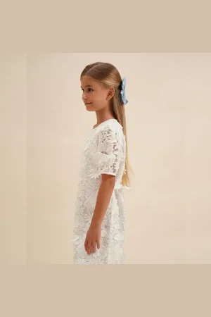 VERO MODA Girls Girls White Floral Textured Cotton Dress, Sleeveless, ROUND NECK