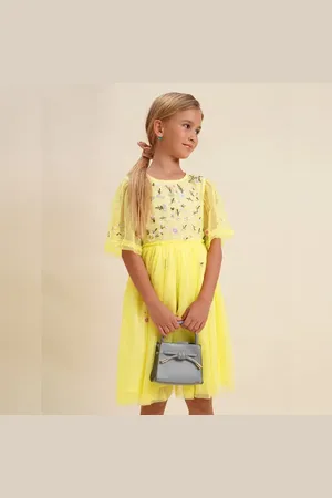 VERO MODA Girls Girls Yellow Floral Fit & Flare Dress, Short Sleeves, ROUND NECK