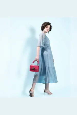 VERO MODA Women Blue Lurex Tiered Dress, Short Sleeves, V-Neck