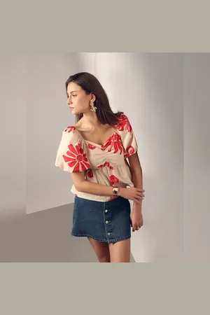 VERO MODA Women Beige Printed Balloon Sleeves Top, Short Sleeves, V-Neck