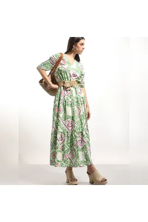 VERO MODA Women Green Printed Maxi Dress, Short Sleeves, V-Neck