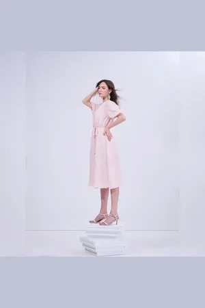 VERO MODA Women Light Pink Embroidered Midi Dress, Short Sleeves, V-Neck