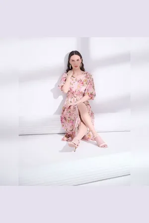 VERO MODA Women Pink Floral Print Midaxi Dress, Short Sleeves, V-Neck