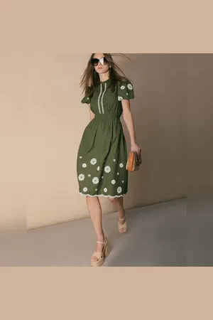VERO MODA Women Olive Green Printed Midi Dress, Short Sleeves