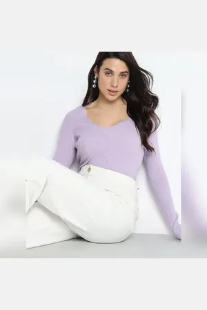 VERO MODA Women Lilac Ribbed Knit Top, Long Sleeves, V-Neck