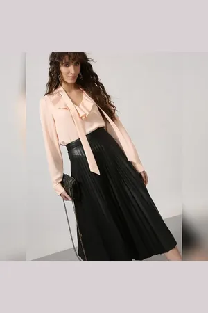 VERO MODA Women Peach Pink Tie-Up Top, Long Sleeves, Tie Up Neck