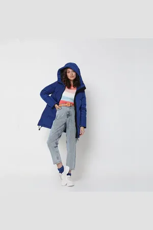 VERO MODA Women Blue Quilted Down Puffer Jacket, Long Sleeves, Hooded