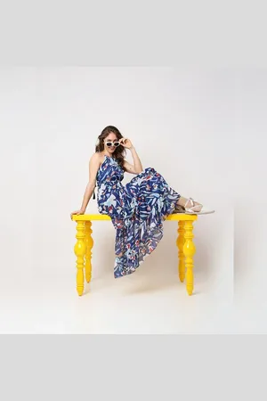 VERO MODA Women Blue Floral Print Maxi Dress, Sleeveless, Shoulder Straps
