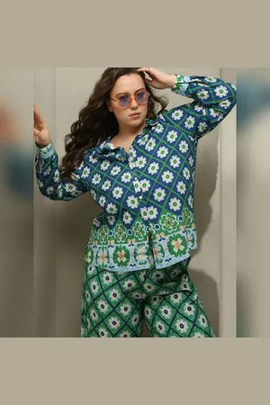 VERO MODA Women CURVE Green Printed Co-ord Set Shirt, Long Sleeves, V-Neck