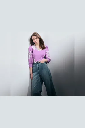 VERO MODA Women Purple Embroidered Cotton Top, Short Sleeves, V-Neck