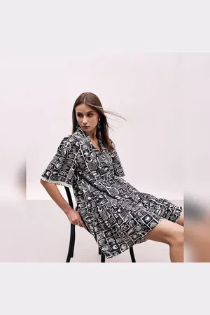 VERO MODA Women Black & White Printed Dress, Short Sleeves, V-Neck