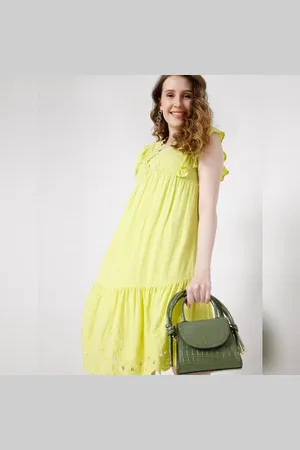 VERO MODA Women Yellow Schiffli Dress, Short Sleeves, Square Neck