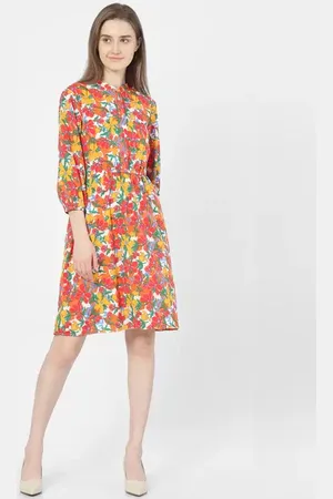 VERO MODA Women Pink Floral Print Dress, 2/4th Sleeves, Mandarin Collar