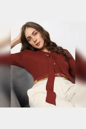 VERO MODA Women Brick Red Front Tie-up Shirt, Long Sleeves, V-Neck