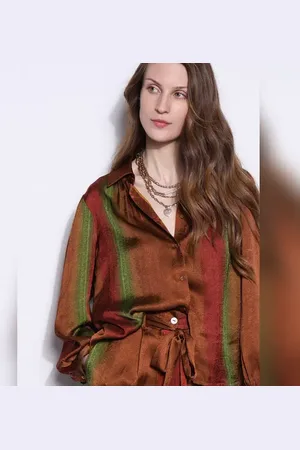 VERO MODA Women Brown Colourblocked Co-ord Set Shirt, Long Sleeves, Shirt Collar