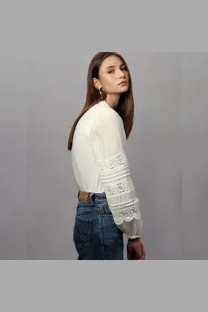 VERO MODA Women White Lace Detail Top, Long Sleeves, V-Neck