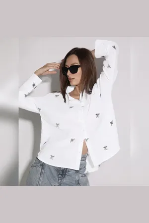 VERO MODA Women White Bee Embroidered Shirt, Long Sleeves, Shirt Collar