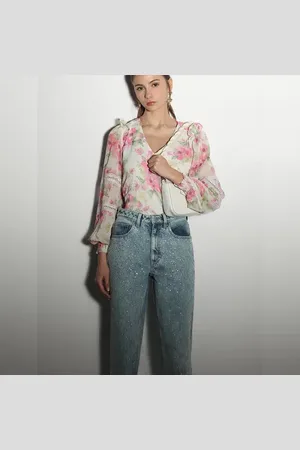 VERO MODA Women White Printed Top, Long Sleeves, V-Neck