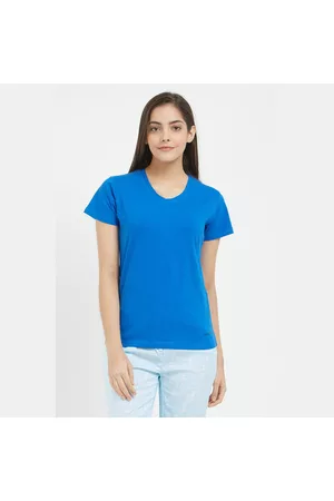 Fruit Of The Loom Women V neck t-shirts - Unwind Solid V Neck Tee Baleine Blue