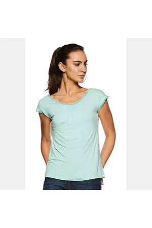 Fruit Of The Loom Women V neck t-shirts - Unwind Solid Round Neck Tee Beach Glass